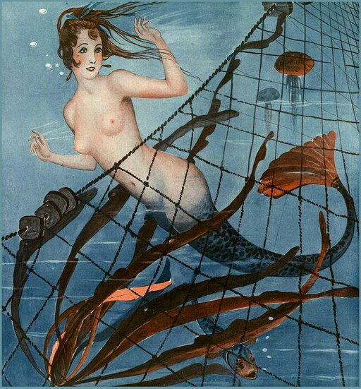 catching a pretty topless mermaid in a net