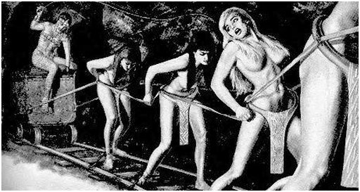 chain gang of forced labor women hauling ore carts in a mine