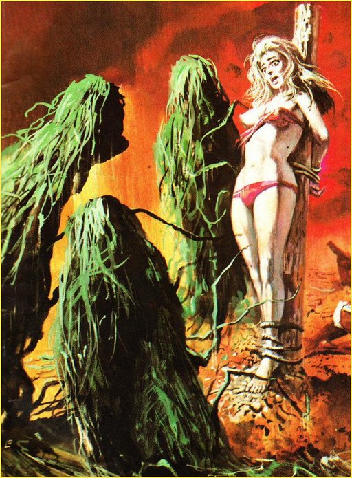 topless woman tied to a stake in a lagoon and threatened by tall stacks of algae and kelp sea monsters