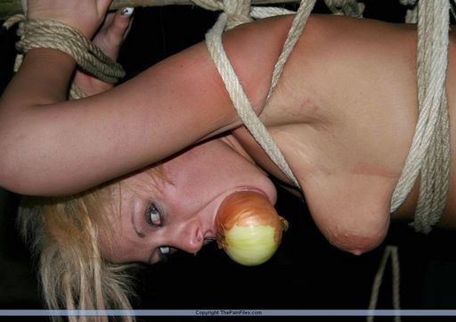 trussed up with an onion in her mouth
