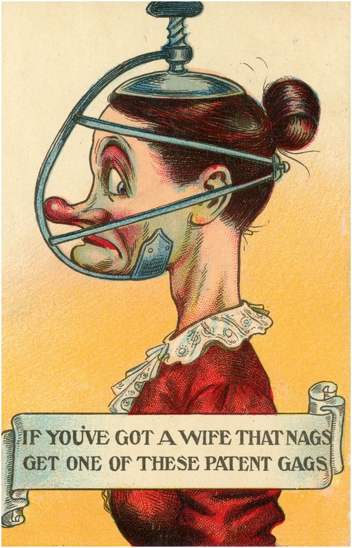 cure your wife of nagging with this head-clamping screw-type jaw-immobilizing gag comic postcard
