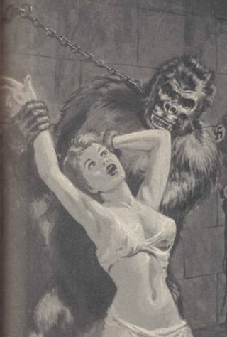 chained nazi ape interrogates pretty girl who is wearing sheer undies