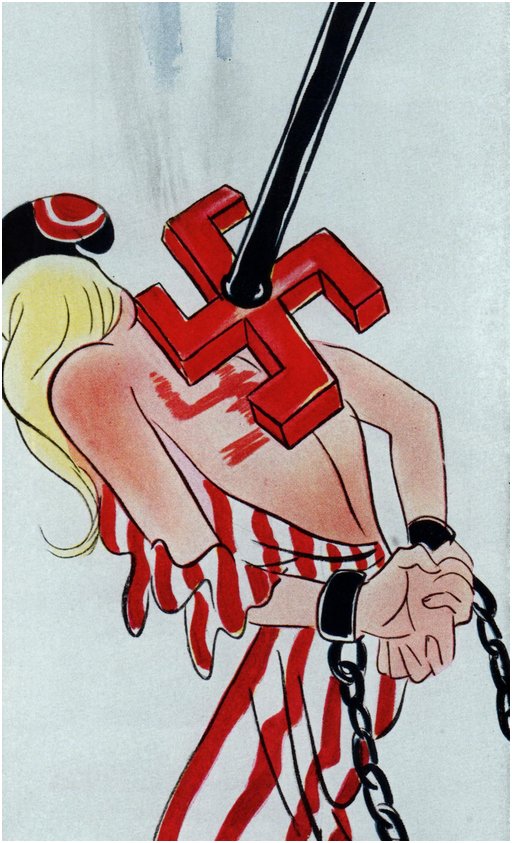 blonde Austria chained and branded with a huge red-hot Nazi swastika branding iron