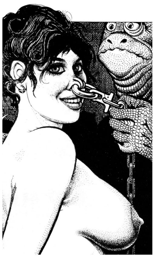 girl being led along by her nose ring by scaley lizard-critters from outer space