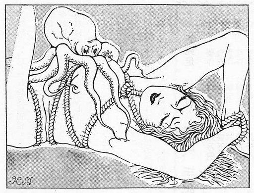 octopus tentacles on the bare breast of a girl in rope bondage