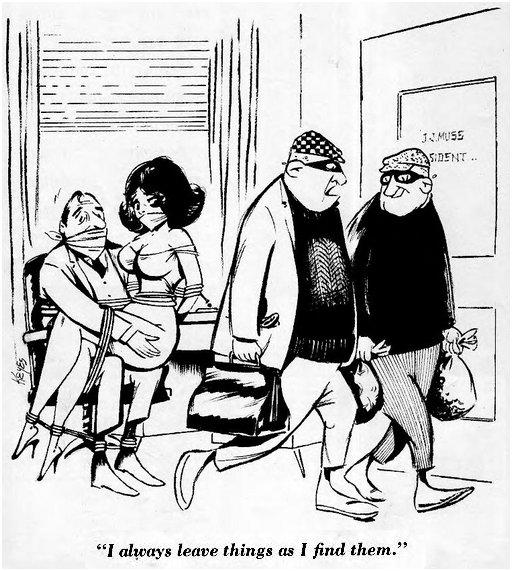 two masked workplace-invasion safe-cracking robbers walking out after a job with bags full of loot, past the boss and his secretary who are bound and gagged in the stereotypical office hanky-panky posture