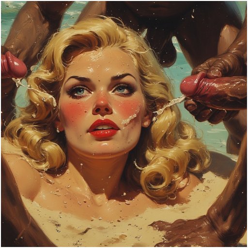 blonde buried in sand as two black men jerk off on her face