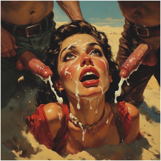 two men spurt creamy white cum all over a buried brunette