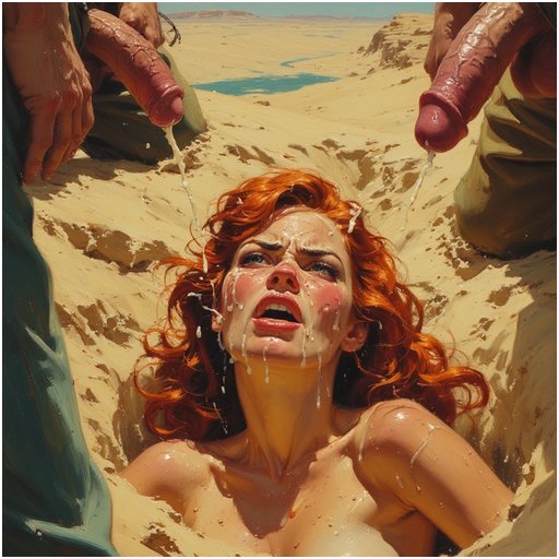 angry redhead covered in sticky cum in a desert sand pit