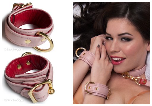 luxury pink leather wrist cuffs with golden appointments