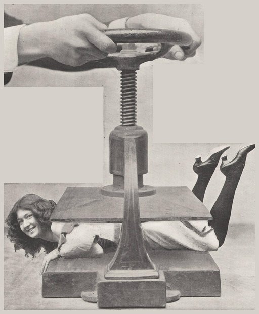 shop girl being compressed in an industrial screw press