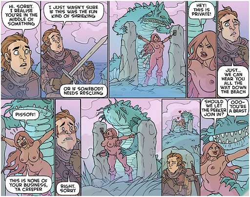 oglaf cartoon about a consensual sea monster ravishment of a woman chained to a rock on the beach