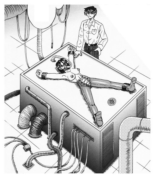 manga procedure on a complicated industrial medical bondage table