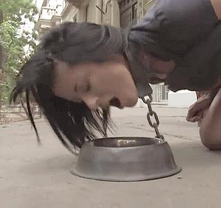 public BDSM -- chained puppy girl forced to lick dogfood from a bowl on the sidewalk