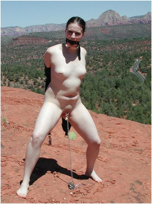 naked slave chained by her cunt to the top of a bald mountain