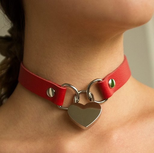 red leather choker with heart lock