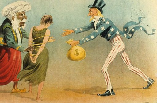 bondage political cartoon of uncle sam buying a tied up canada for a sack of gold