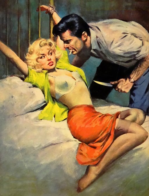 tied blonde being menaced by an ominous man with a cigarette and a knife