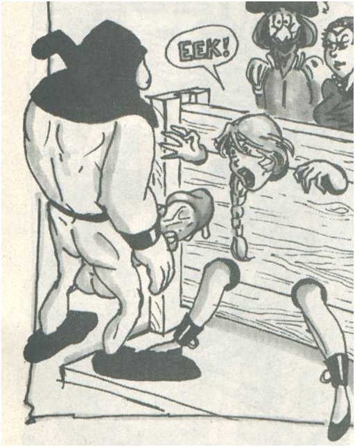 woman in blowjob pillory stocks faces the massive cock of a menacing dungeon master 