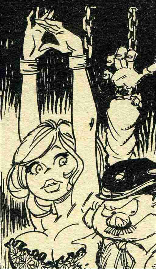 bodacious toon girl with her hands shackled high overhead