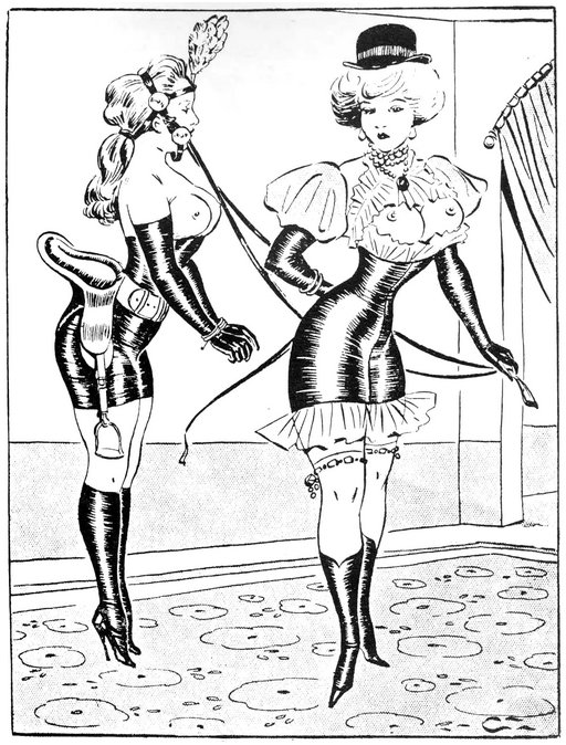 pony girl in fancy harness and saddle with her tits showing