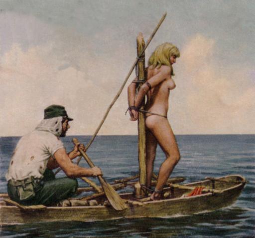 boat bondage - image from cover art by Col Cameron on a book called Blood Island by John Slater