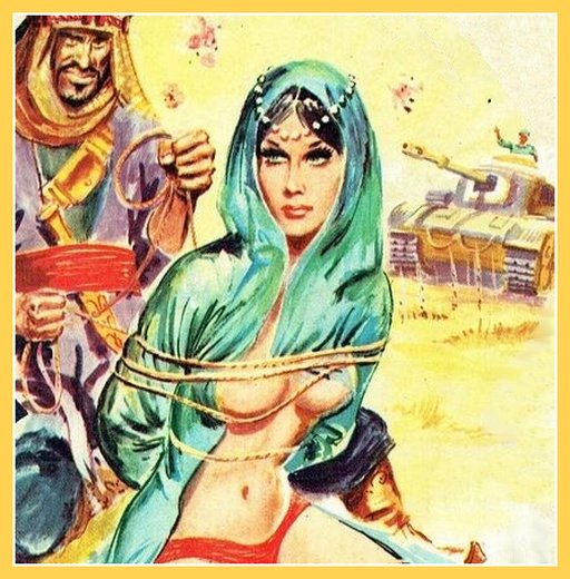 Arab or Bedouin warrior takes a pretty harem slave captive in an exciting pulp magazine tank battle