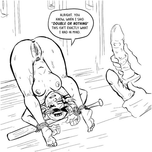 naked woman bound in a helpless position to a baseball bat and menaced with two dildos