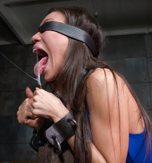kalina giving a bondage blowjob while wearing a leather blindfold
