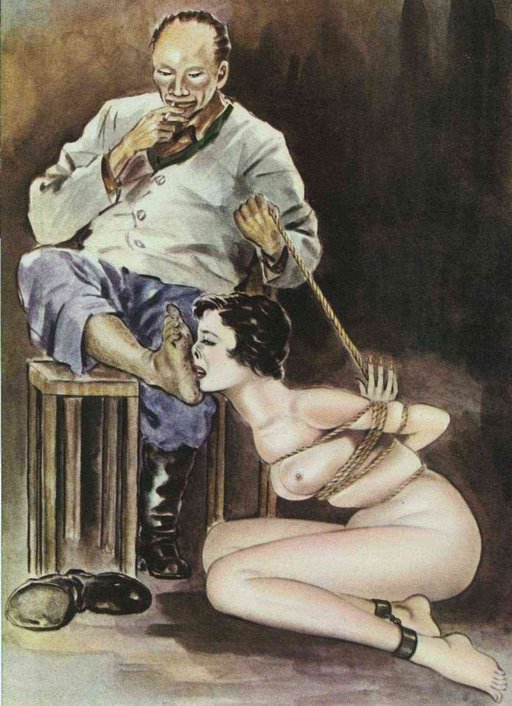 Japanese bondage foot fetish art: tied up woman forced to lick his smelly feet 