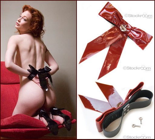 red patent leather bow-shaped wrist restraints