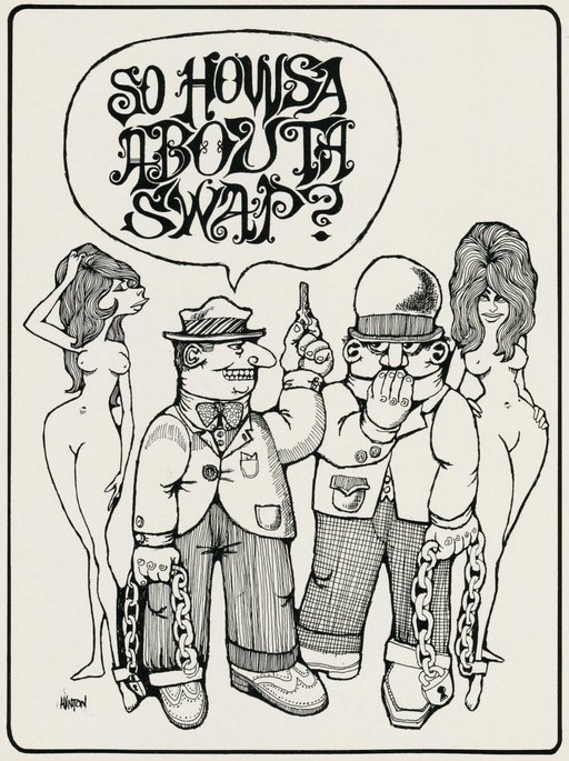 groovy 1960s artwork showing two cops with nude women in ankle shackles discussing whether they should swap