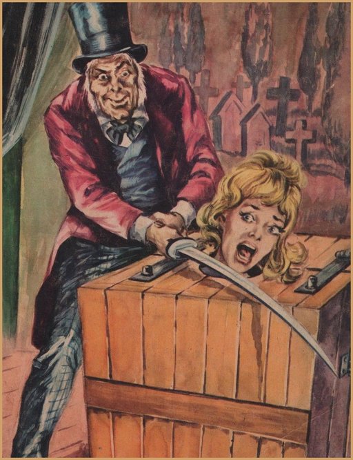 stage magician with a sword has a girl locked in a wooden box and threatens to behead her