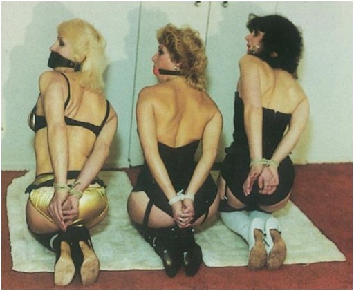 three kneeling gagged housewives
