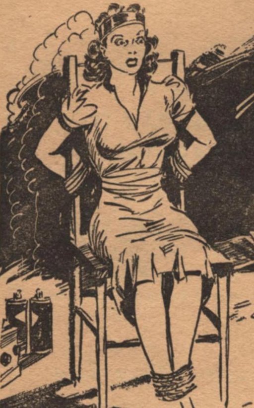 pulp art of woman tied to chair with battery-powered electrified metal band around her head