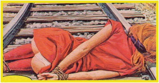 woman in a red dress tied to the railroad tracks