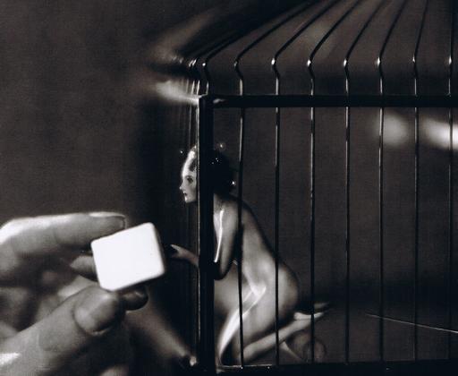 tiny woman in a bird cage