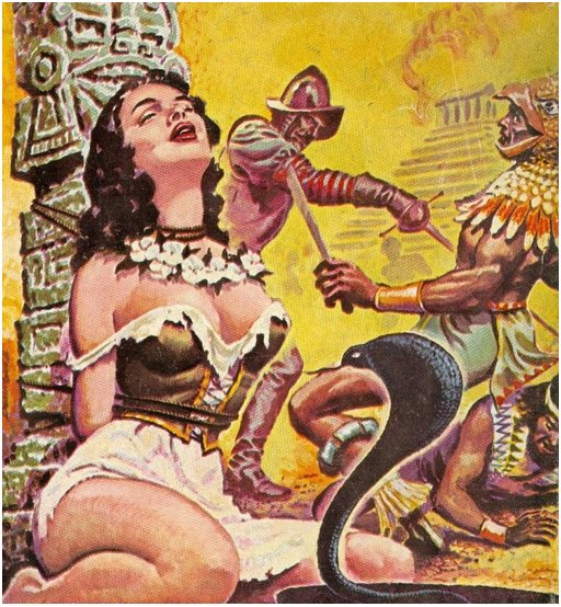 bodacious bondage babe is tied to a leering idol while menaced by a snake, as men in armor fight her aztec captors