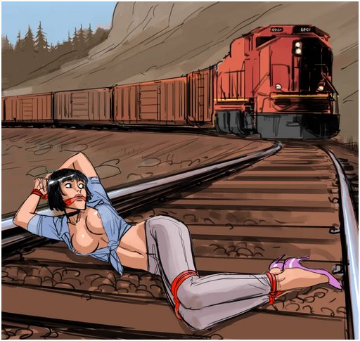 busty bondage babe tied to railroad tracks looks fearfully over her shoulder at approaching train
