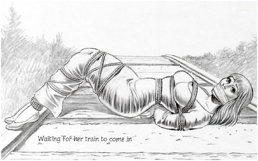 gagged woman in peril, in rope bondage, laying on railroad tracks