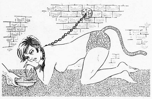 pissed-off cat girl on a leash in a dungeon wearing a tail with leopard panties and refusing nasty rotten fish scraps kitty chow