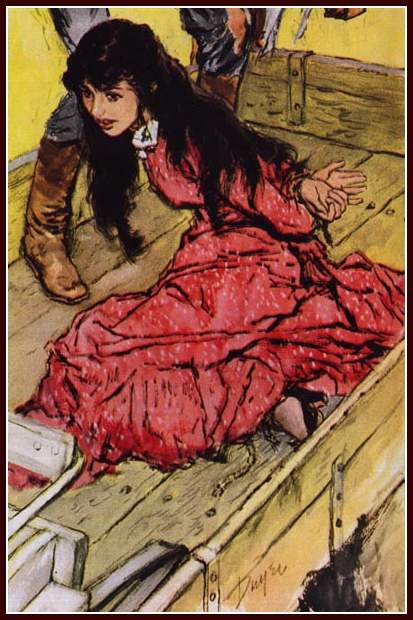kneeling girl tied in the bed of a wagon with her hands behind her back