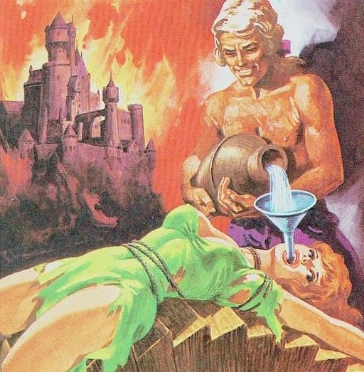 forcing water into the mouth of a woman while a castle burns in the background