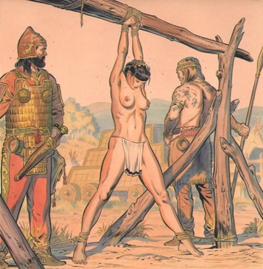 bronze age slave woman tied to a whipping frame and guarded by two soldiers