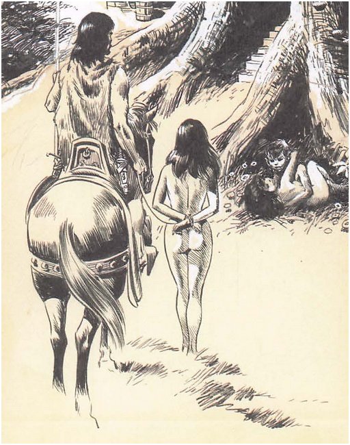 rear view of a king on horseback leading a naked bound woman on foot